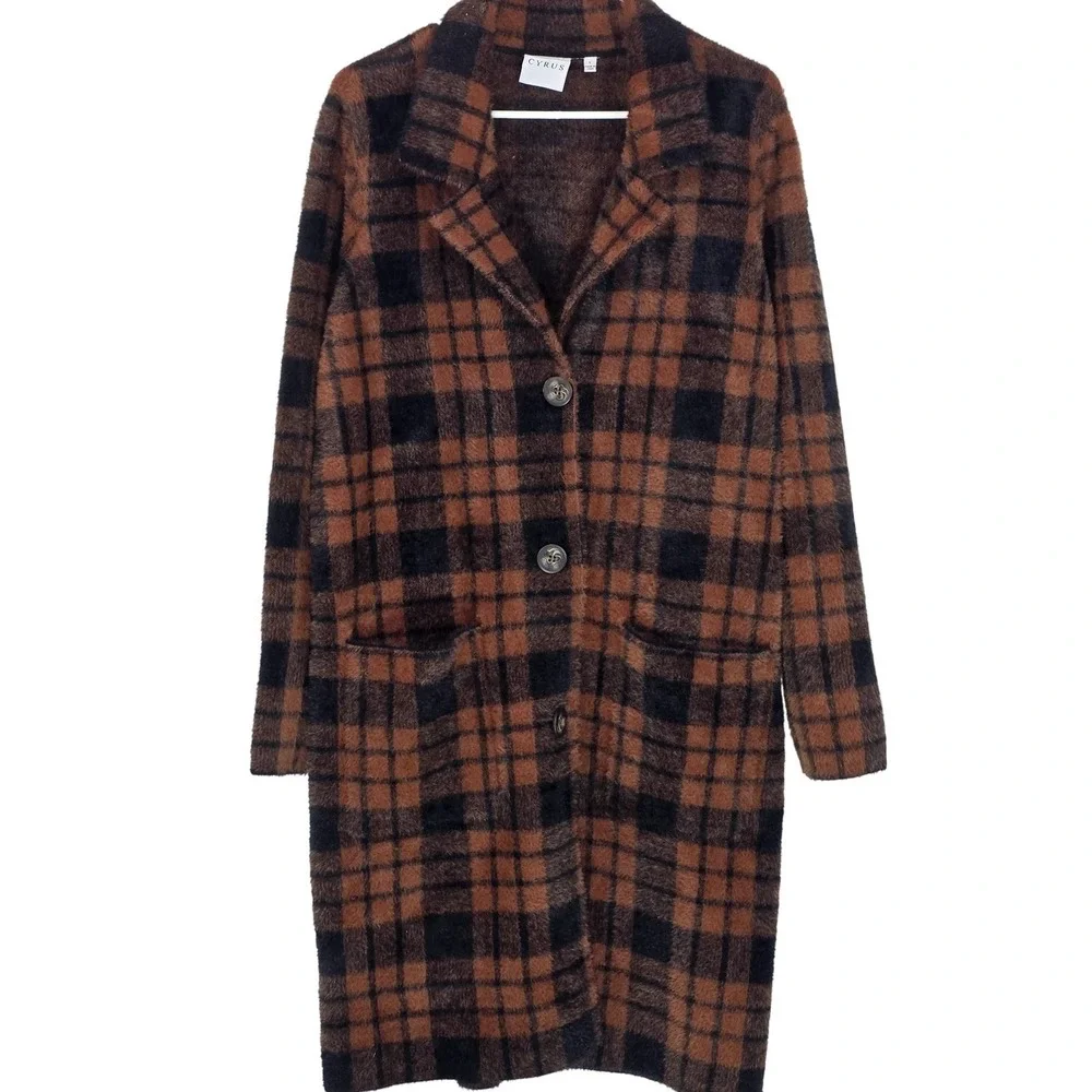 Cyrus Coatigan Womens Large Brown Plaid Knit Long Button Front Classic Cozy Soft